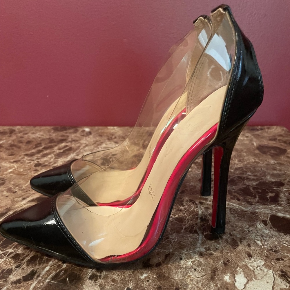 CHRISTIAN LOUBOUTIN 37 US 6.5 Black Debout PVC Patent Leather Sling Back Heels